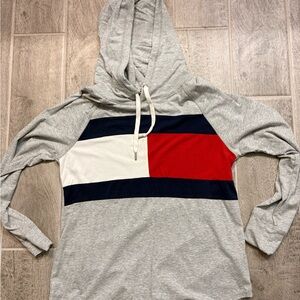Gray Tommy Hooded Pullover with Red, White & Blue Block Stripe Size Medium